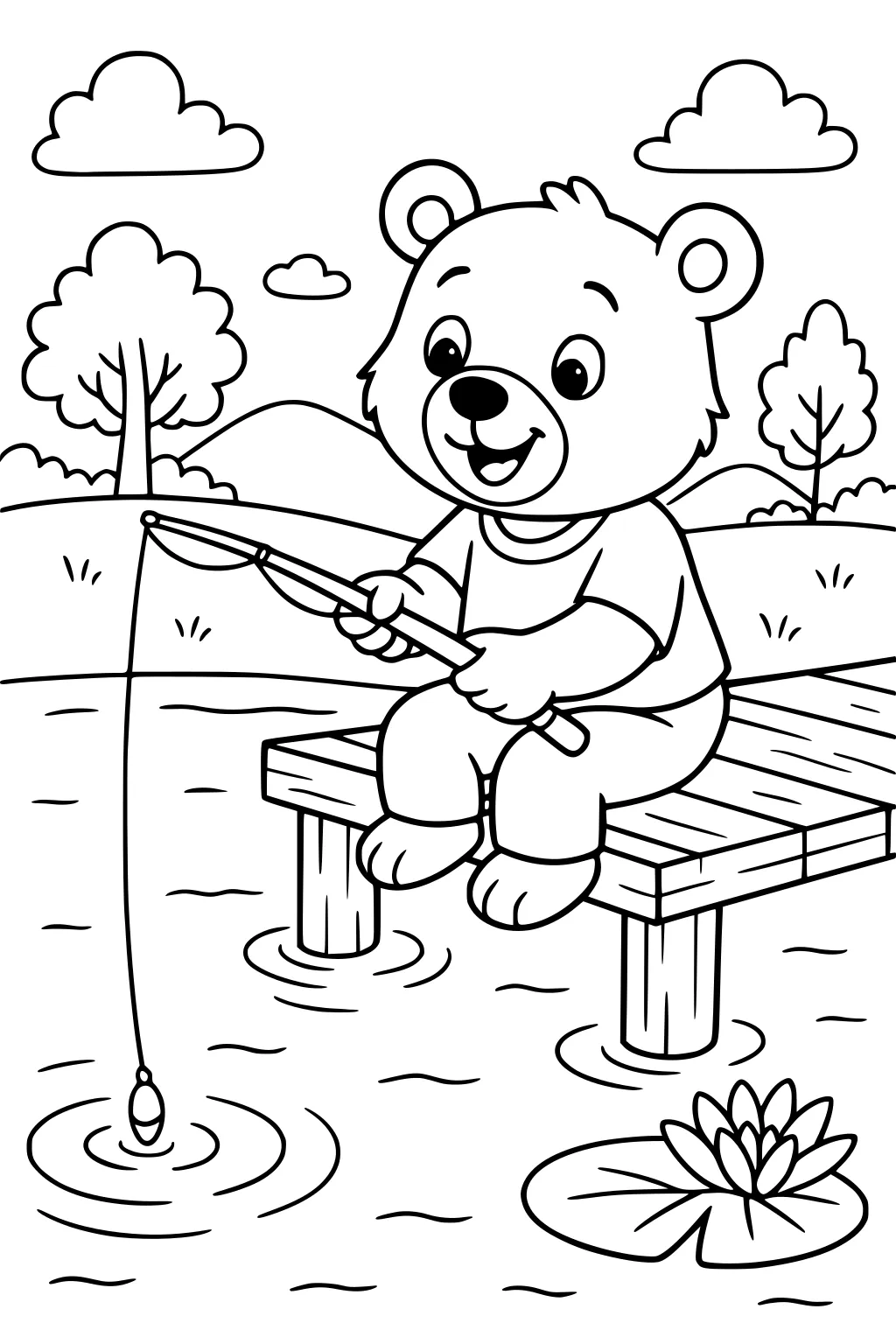 Smiling bear cub sitting on a dock, holding a fishing rod over a lake with trees, clouds, hills, and a water lily.