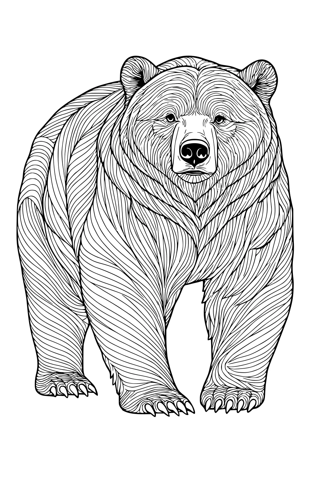 Large bear facing forward with heavy fur textured by curved lines, round face, and visible paws with claws.