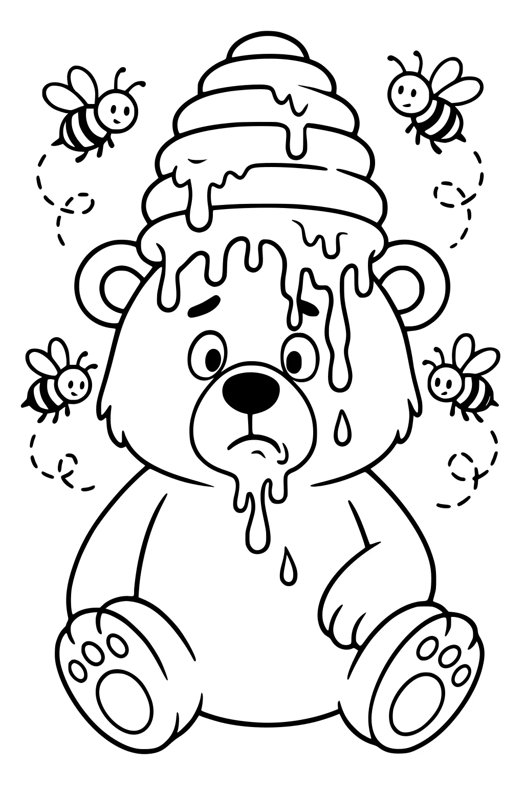 Bear sitting with a beehive on his head, honey dripping down, and four bees flying around.
