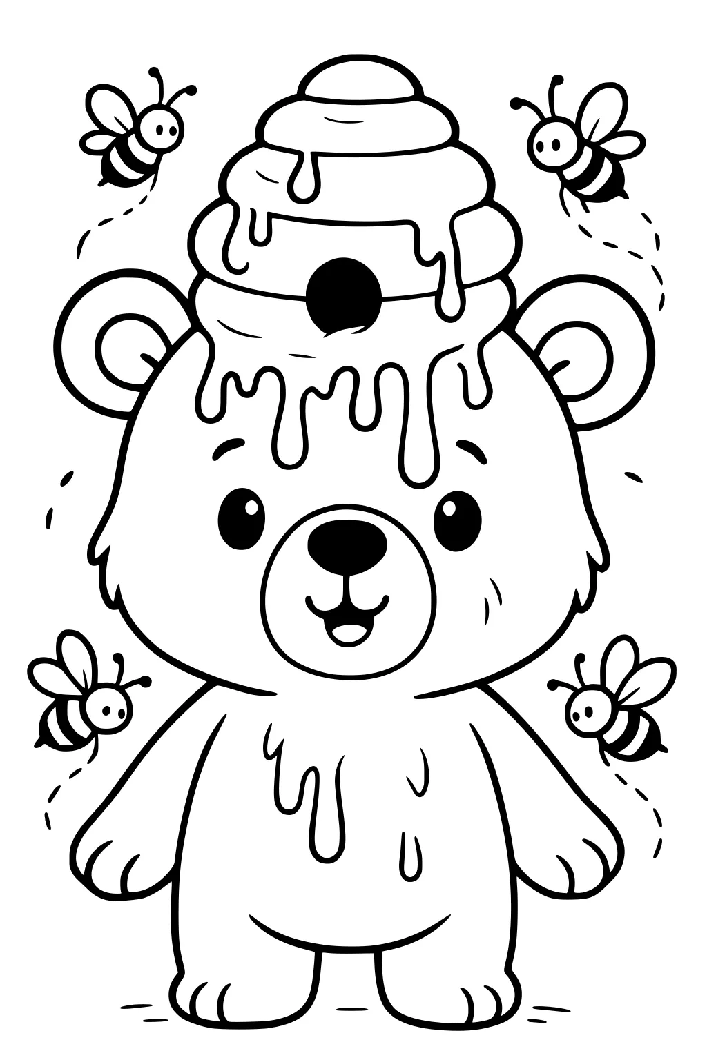 Bear with honey-dripping beehive on head, smiling, surrounded by four buzzing bees.