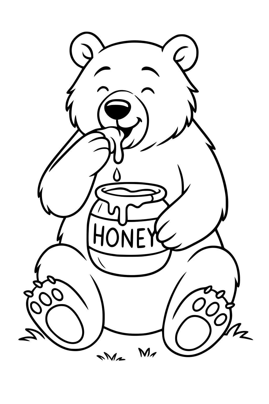 Smiling bear sitting on grass with a honey jar, licking honey from his paw.