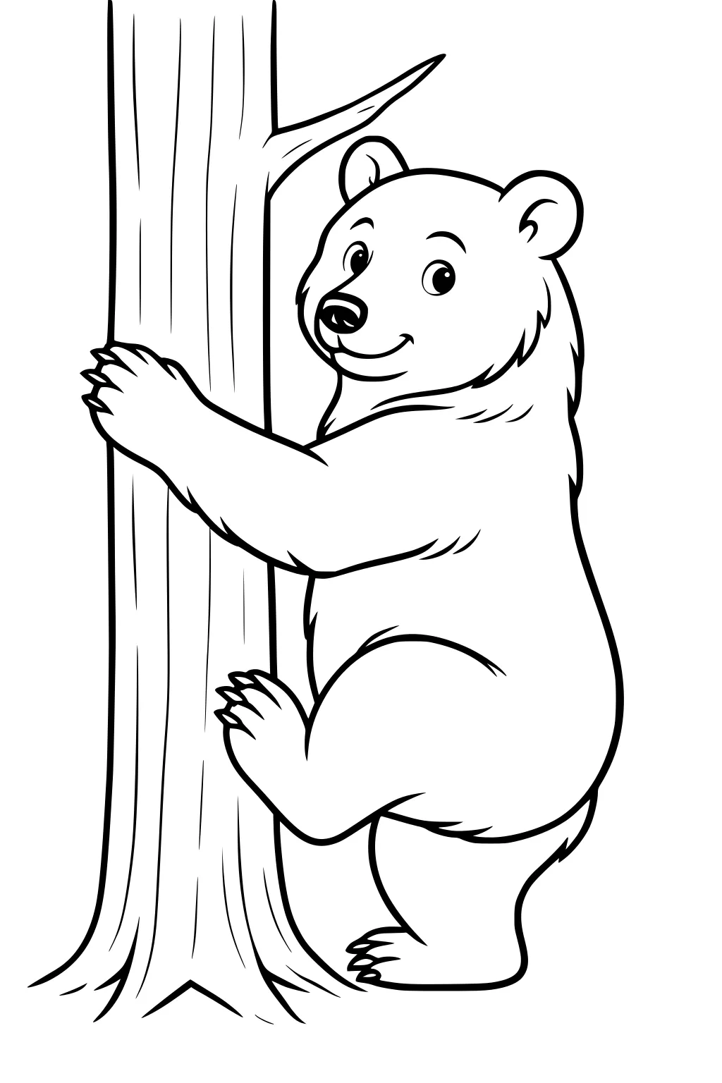 Bear climbing a tree and looking back, hugging the trunk with all four paws.