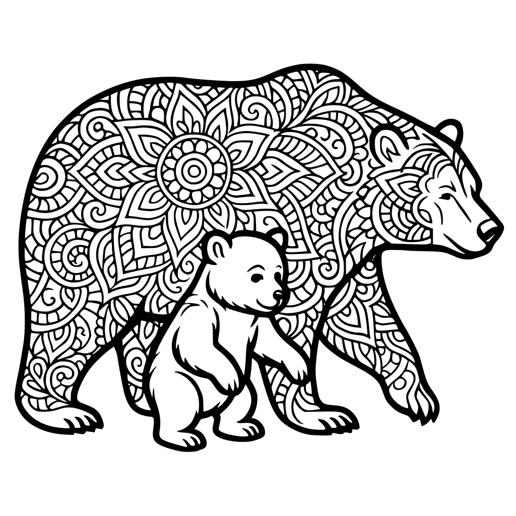 Mama bear with swirling patterns in her fur walks beside her plain-furred cub on a white background.