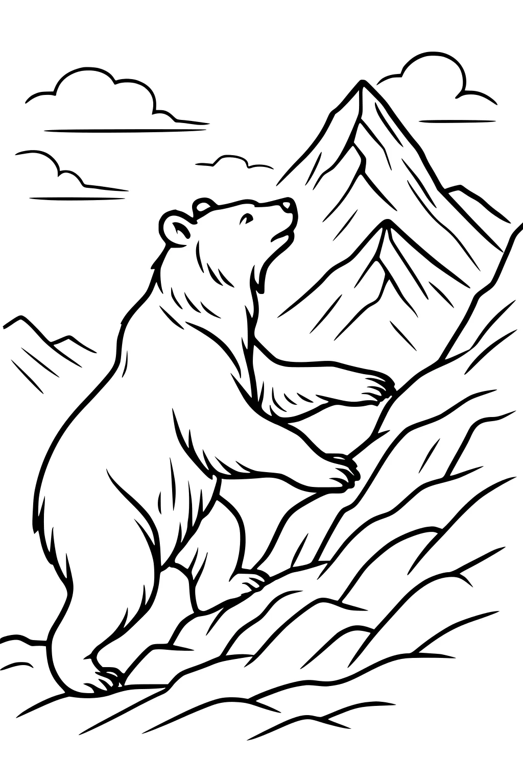 A bear with thick fur climbs up a rocky mountain with sharp peaks and clouds in the background.