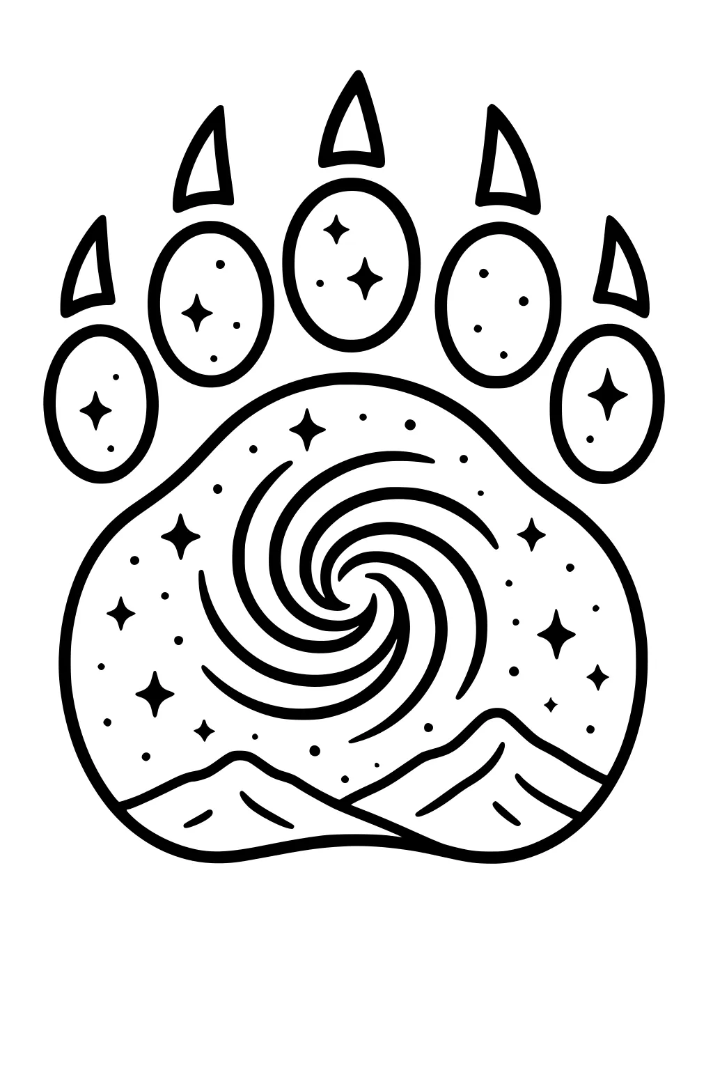Bear paw print with swirling galaxy, stars, and mountain landscape inside.