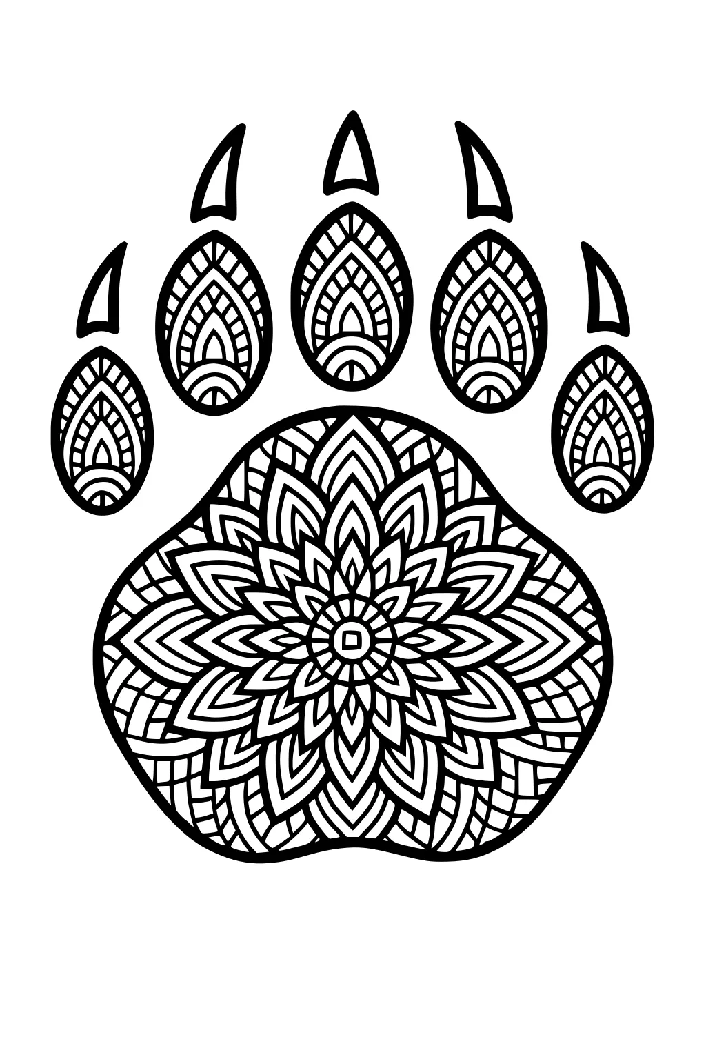 Black and white bear paw print with intricate mandala-style patterns filling paw pads and toes.