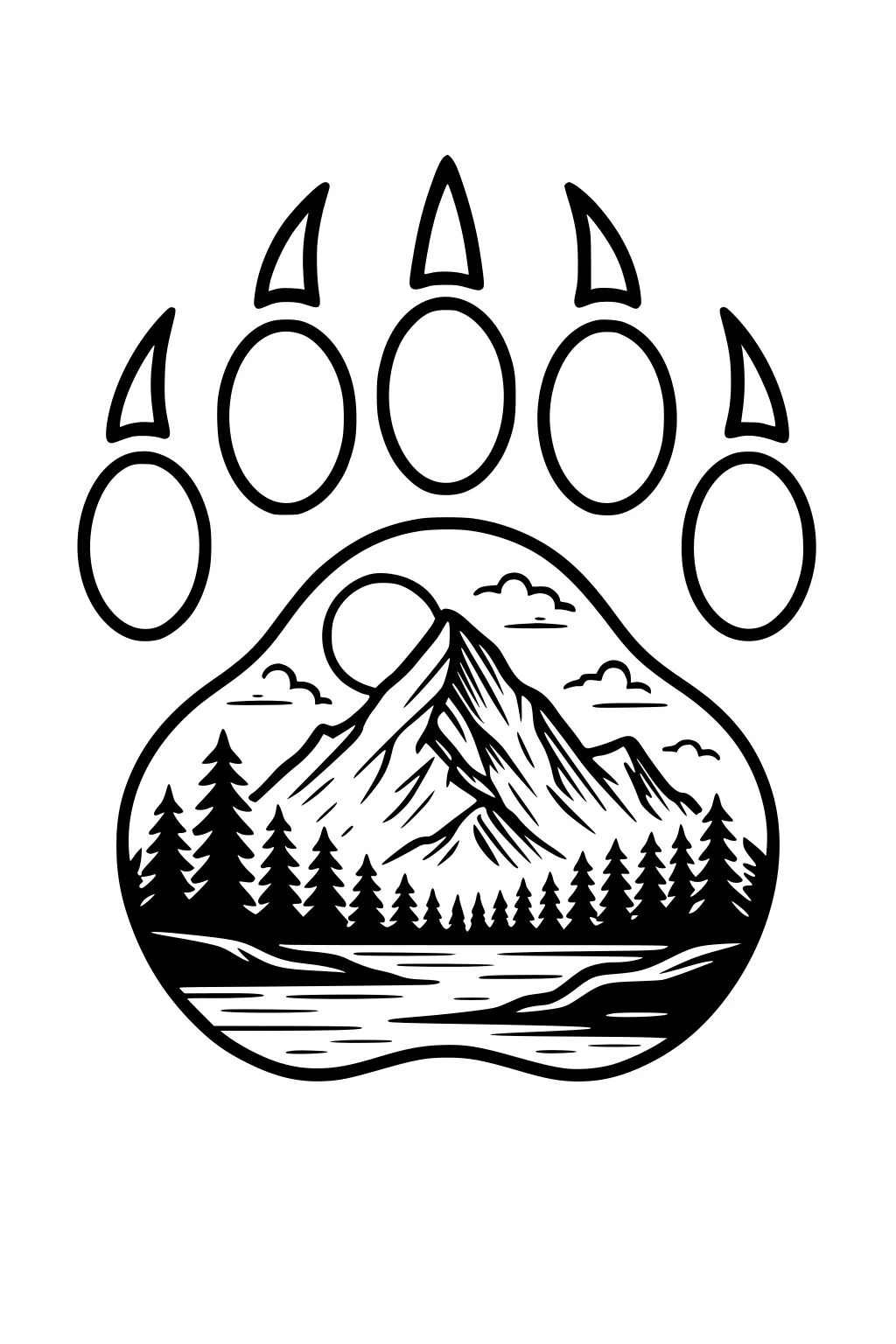 Bear paw print with a mountain, pine trees, river, sun, and clouds drawn inside the paw shape.