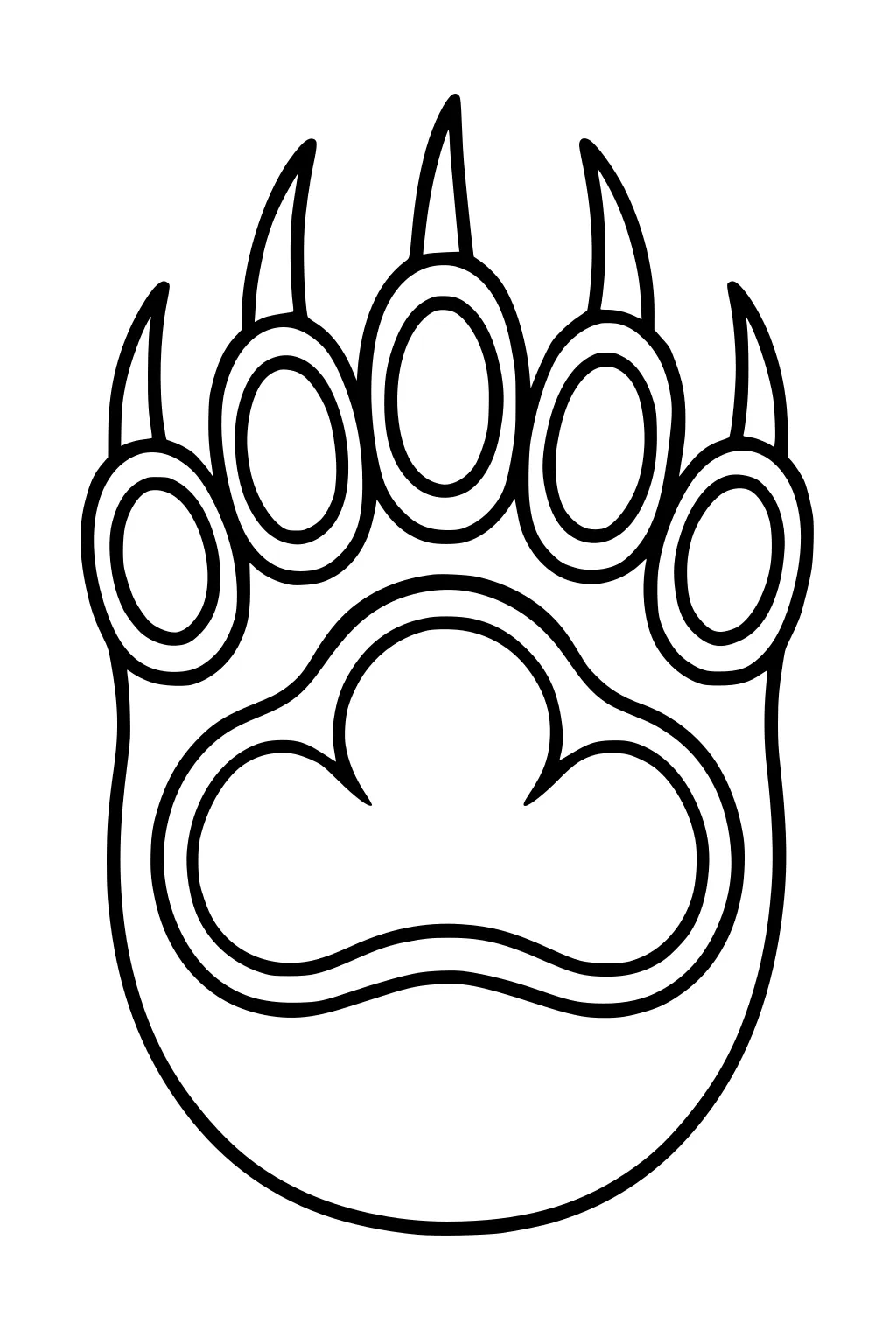 Outlined drawing of a bear paw print with five toes and curved claws.