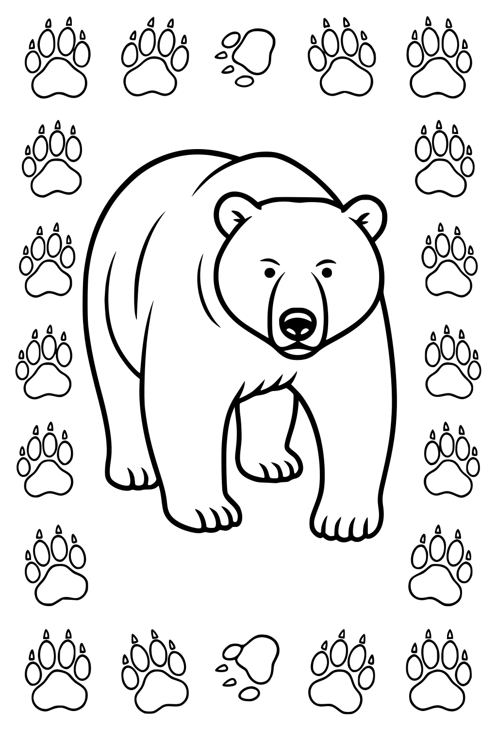 Large bear walking forward, surrounded by rows of bear paw prints all around the border.