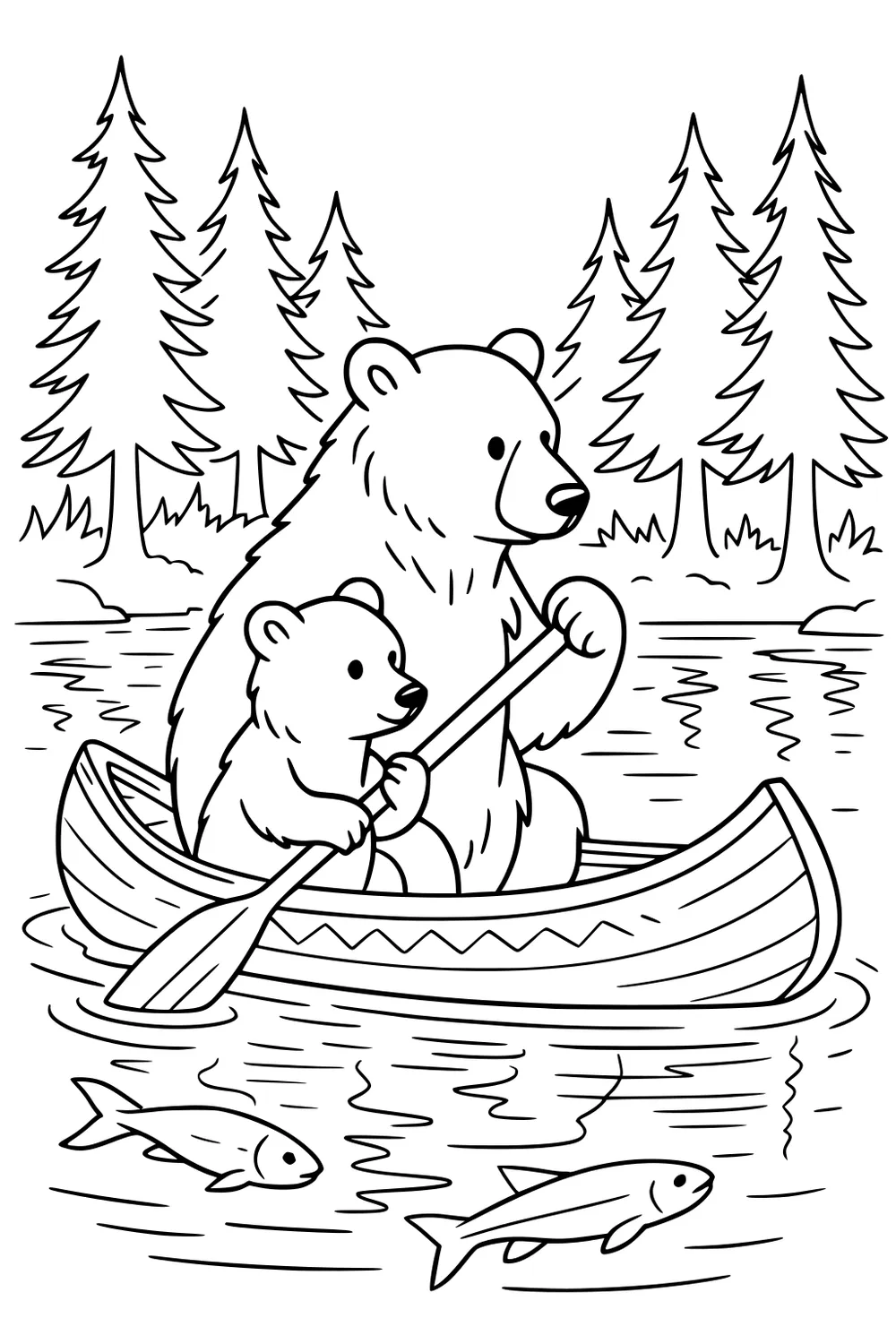 Mother bear and cub paddling a canoe on a lake, surrounded by pine trees, with two fish swimming in the water below.