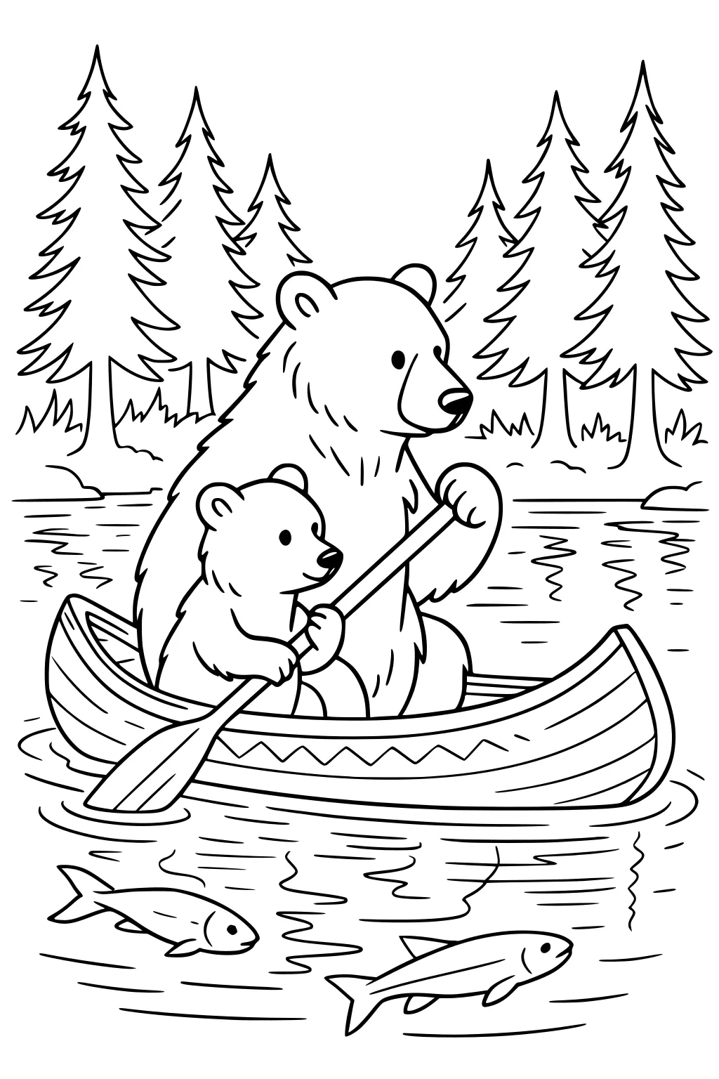 Mother bear and cub paddling a canoe on a lake, surrounded by pine trees, with two fish swimming in the water below.