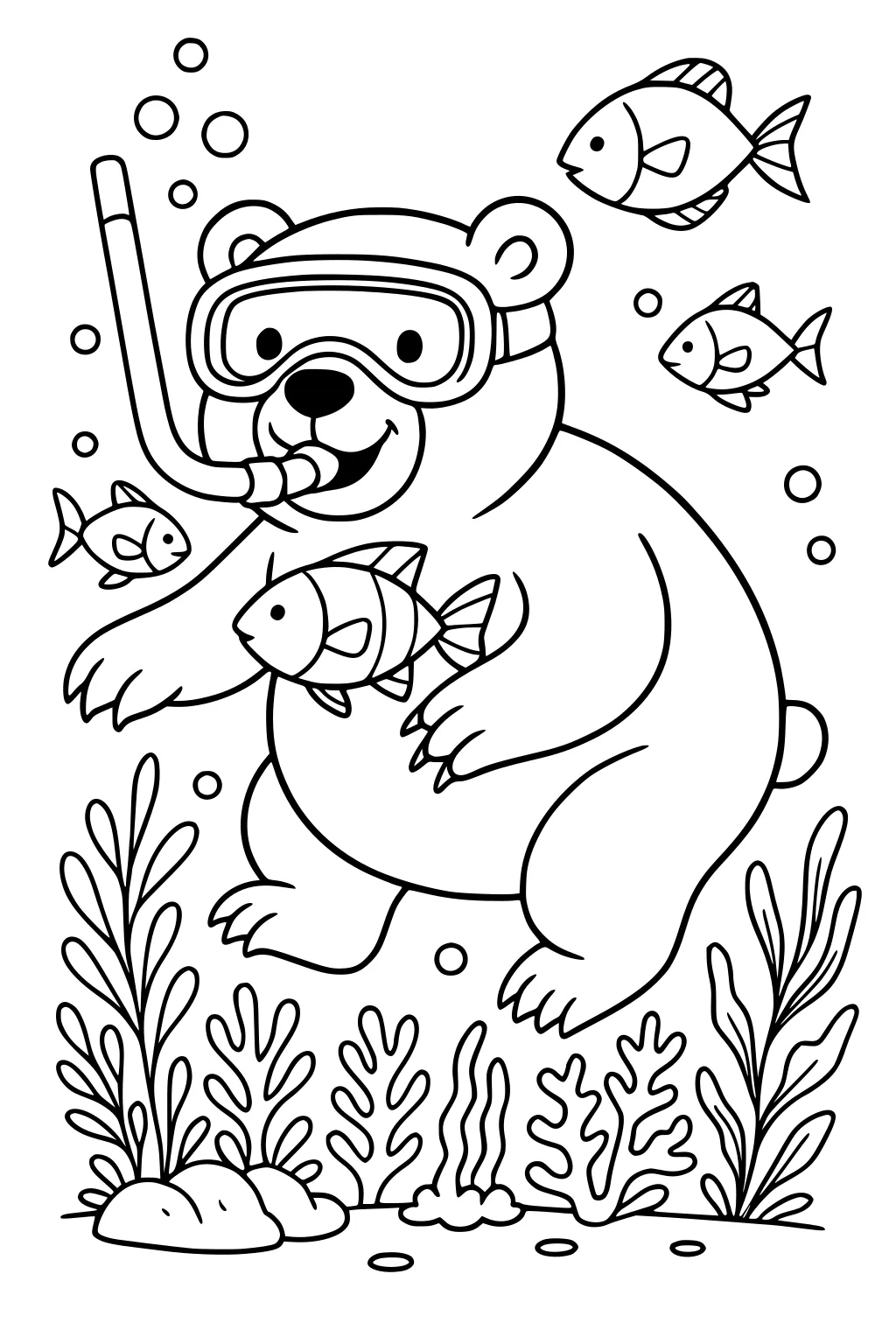 Bear with snorkel mask swimming underwater, surrounded by fish and plants