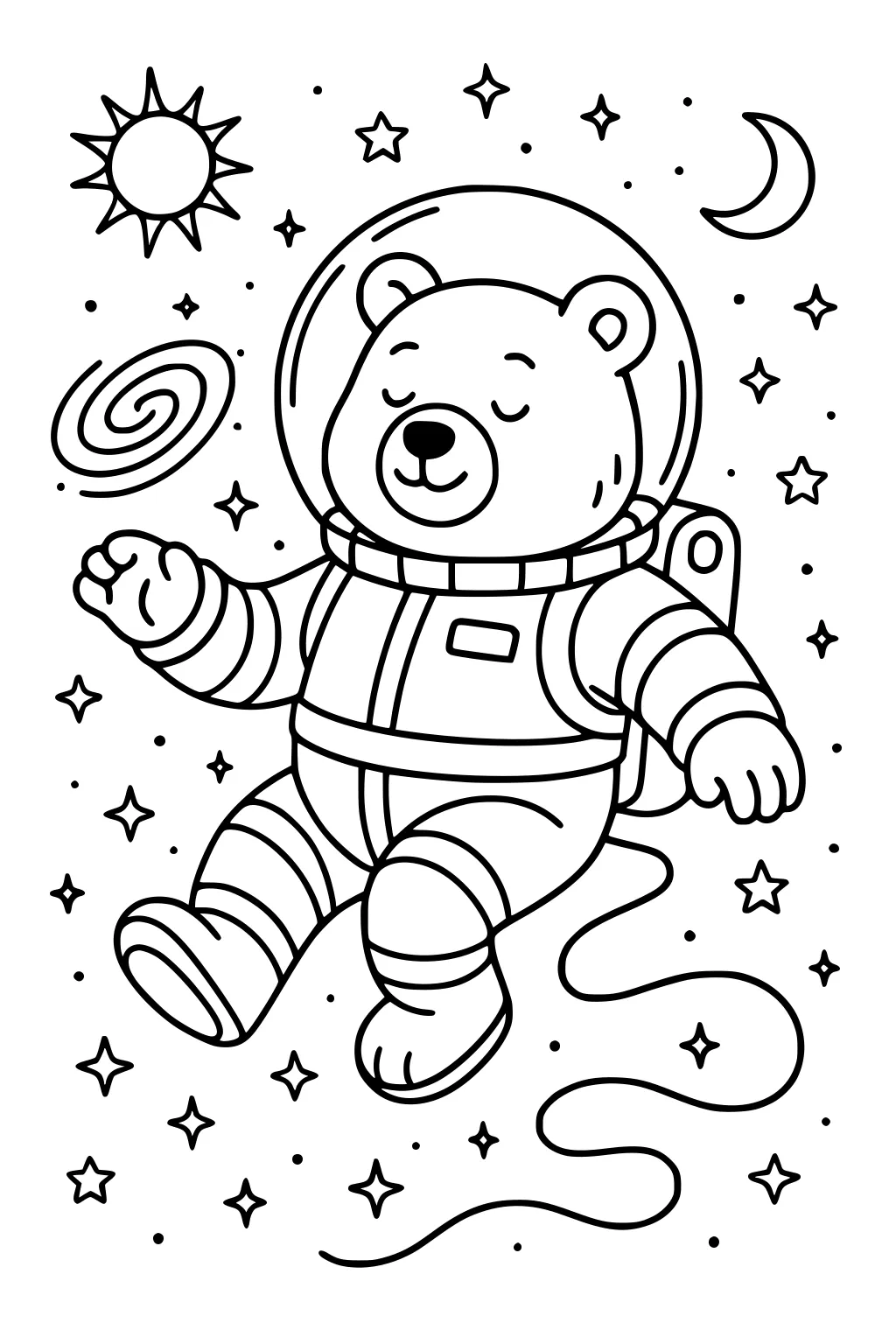 Bear in a spacesuit floating among stars, sun, crescent moon, and a spiral galaxy in outer space.