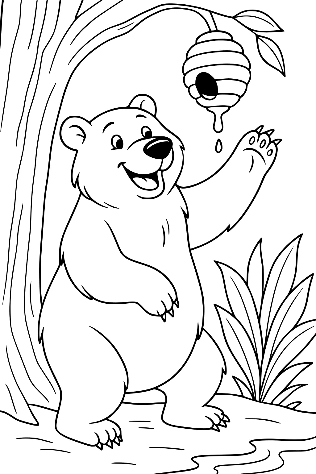 Bear standing on hind legs under a tree, reaching up to a dripping beehive, with grass and leaves in the background.