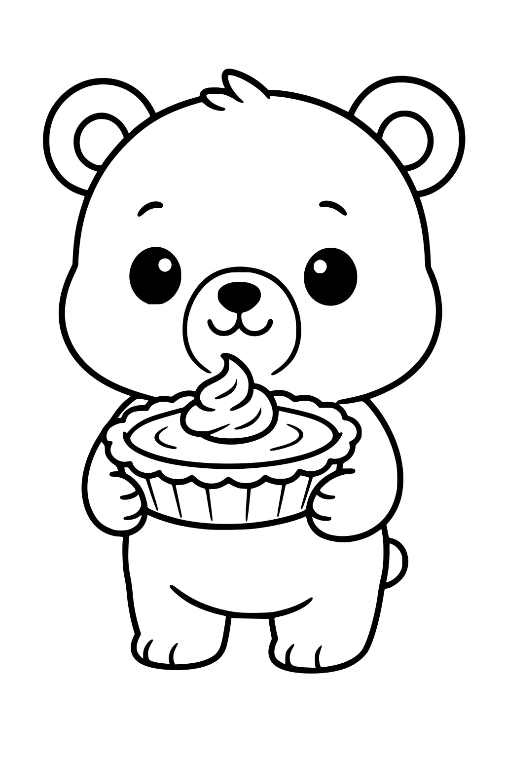 Smiling cartoon bear holding a pie with a whipped cream swirl in a ridged tin, standing upright with big round eyes.