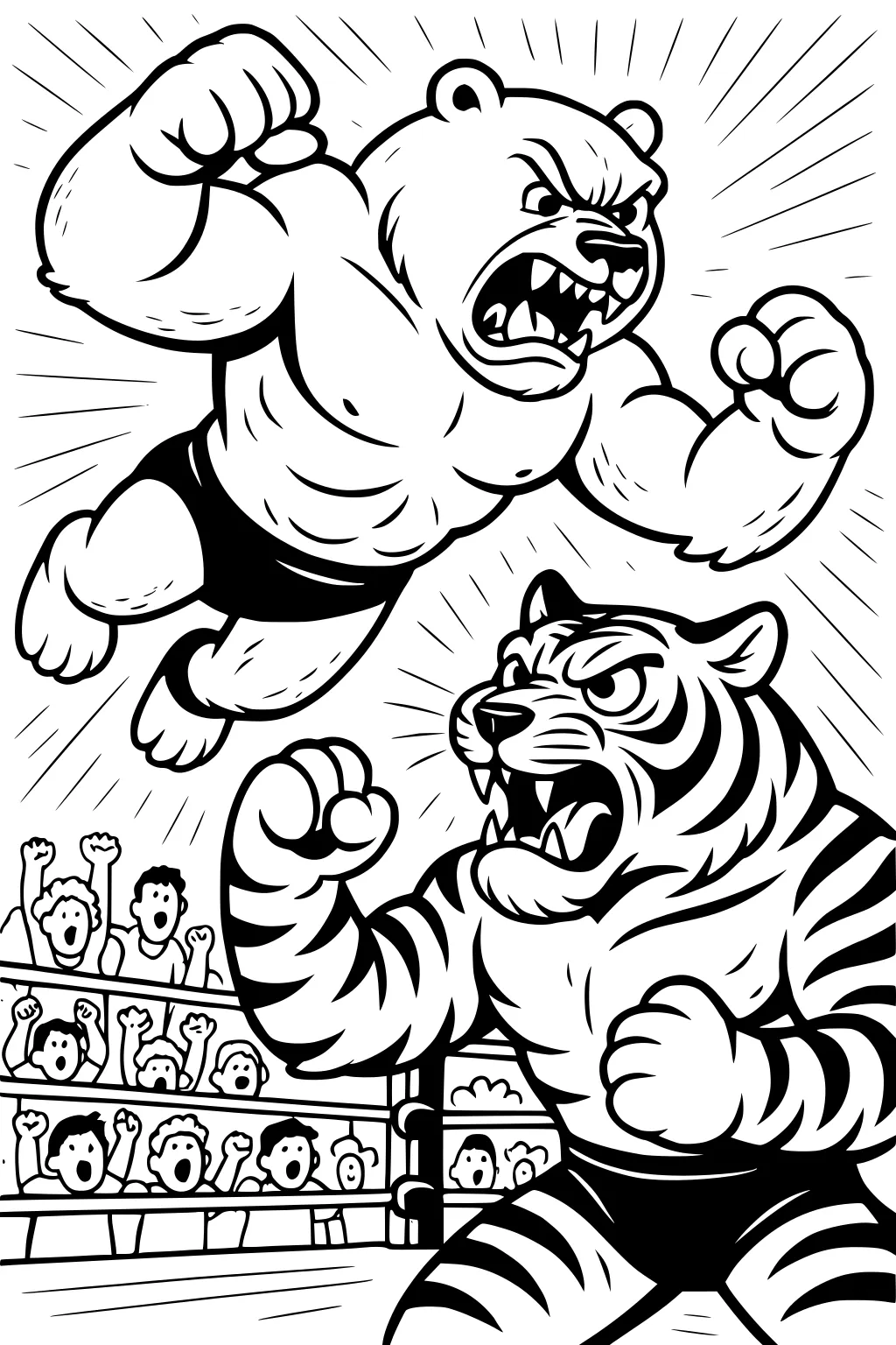 Muscular bear jumps at a tiger inside a wrestling ring while a cheering crowd watches.