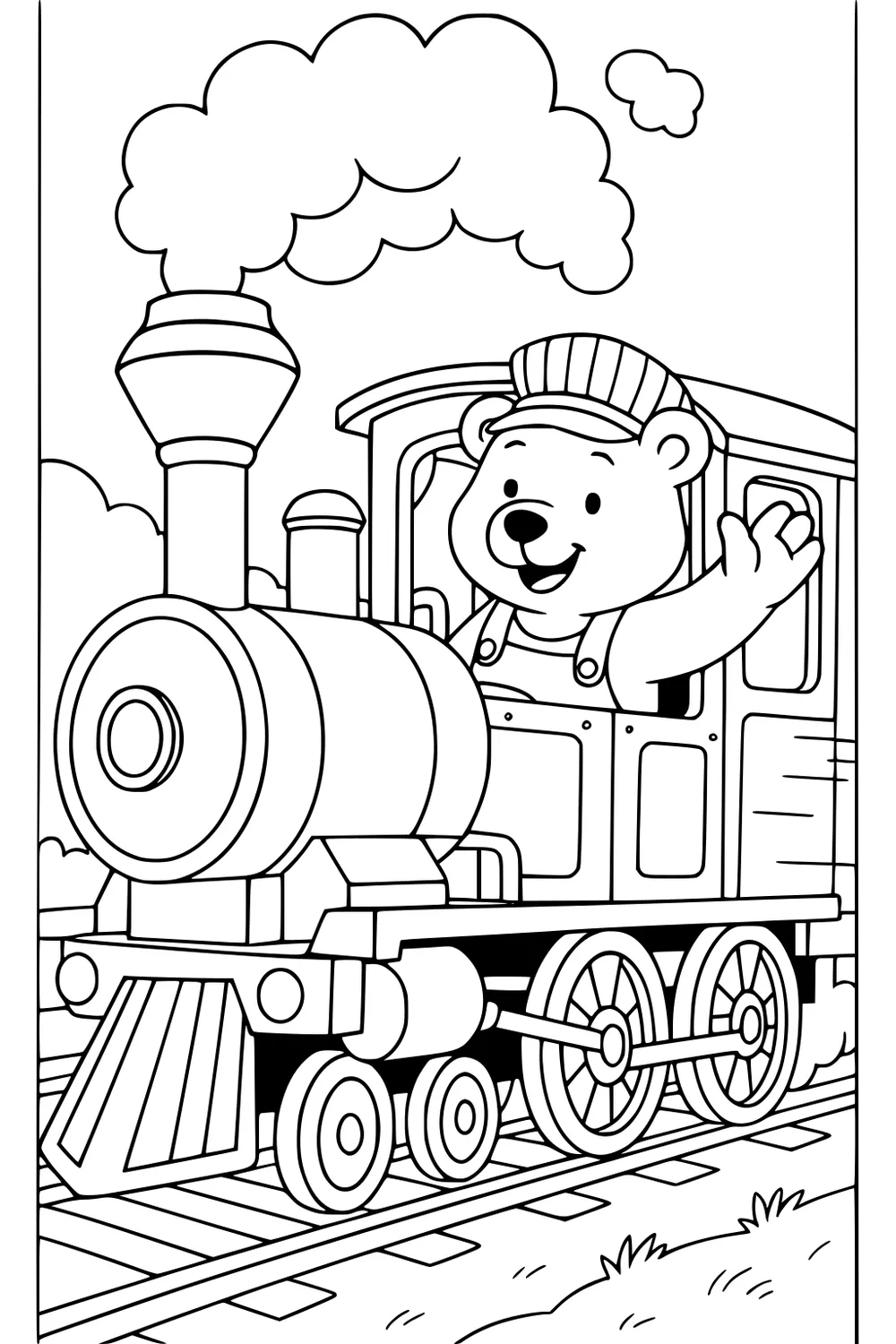 Bear conductor waving from a steam train with big wheels, cloud-shaped smoke, and grassy tracks.