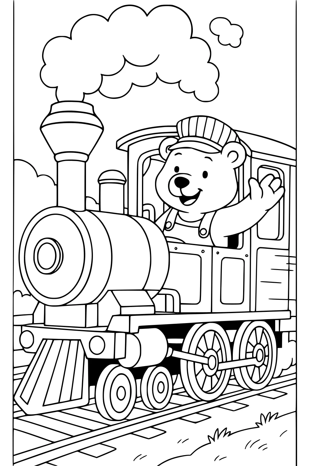 Bear conductor waving from a steam train with big wheels, cloud-shaped smoke, and grassy tracks.