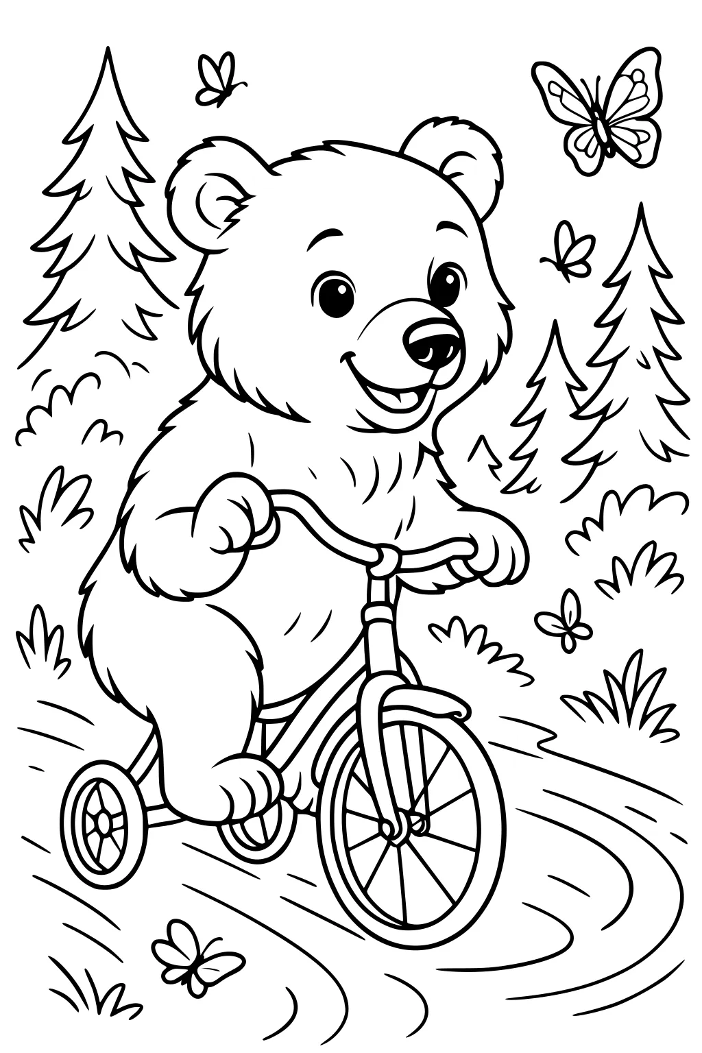 Bear rides a tricycle along a forest path with butterflies, pine trees, bushes, and grass all around.