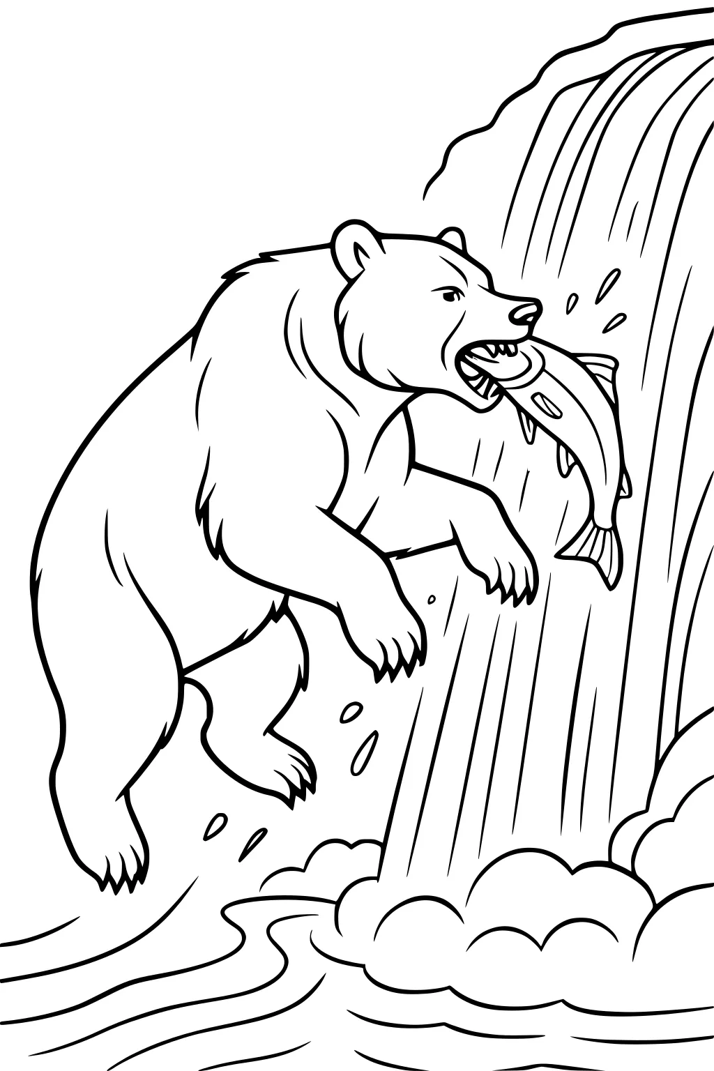 Bear catching a fish with its mouth beside a waterfall, water splashing around.