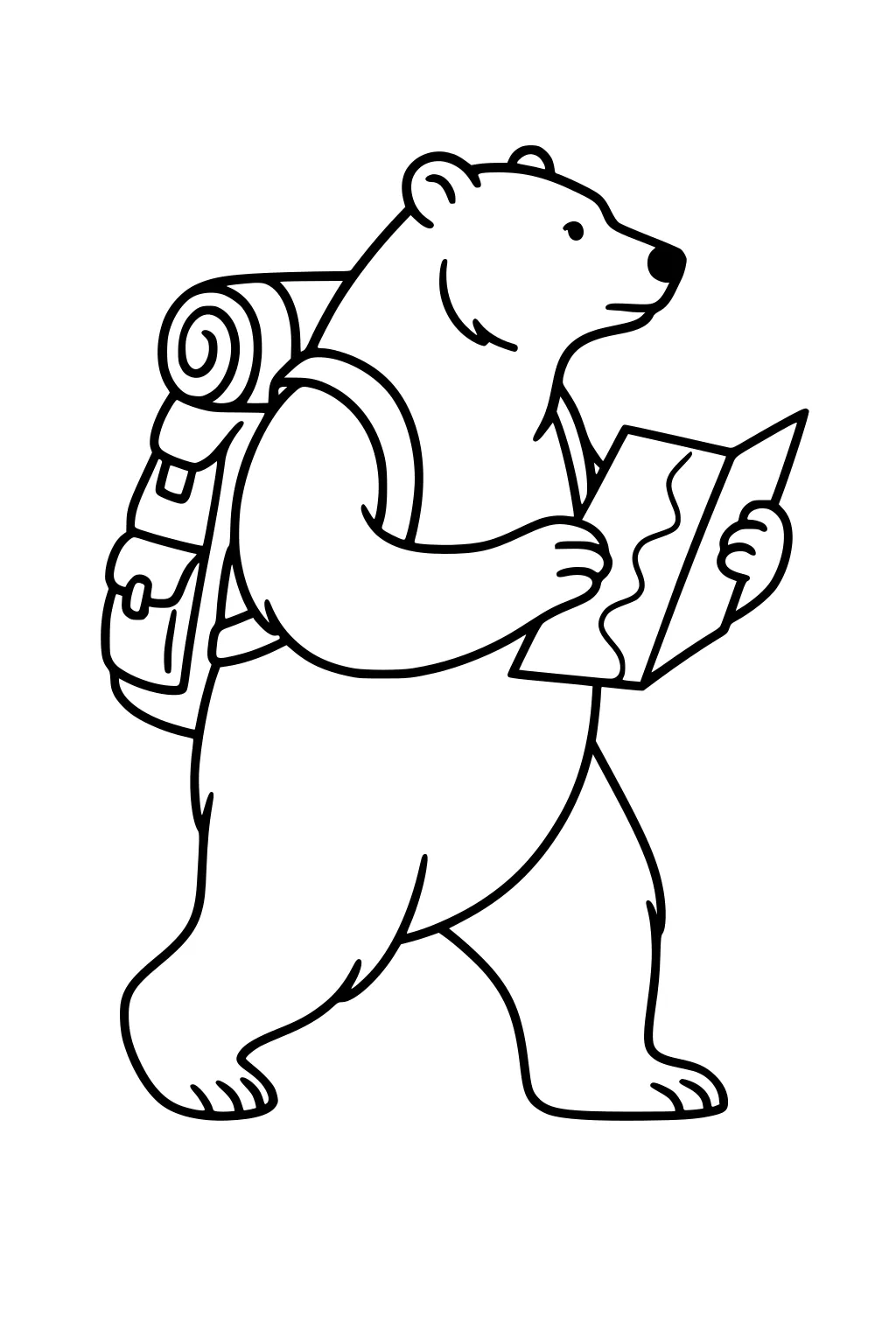 Bear walking upright with a backpack and holding a map, outlined for coloring.