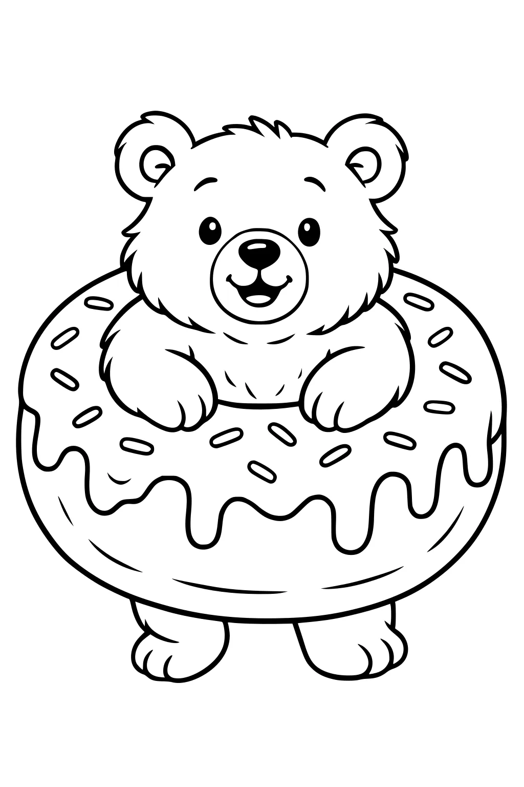 Bear with happy face sitting in a donut with icing and sprinkles. The bear's paws and feet stick out from the donut.