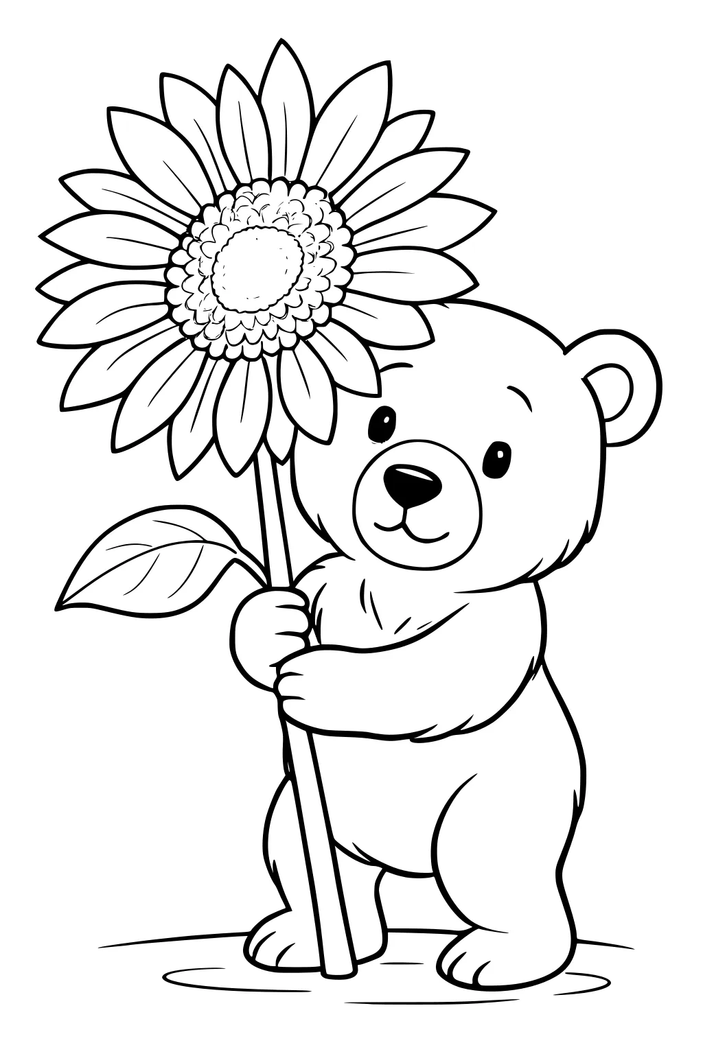 Bear holding a large sunflower with both paws, smiling, standing on the ground with one leaf visible.