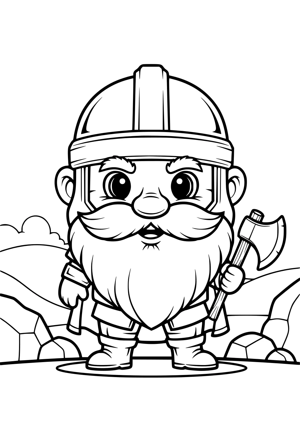 Cartoon dwarf with big beard and helmet holding an axe, on a rock with hills and clouds behind, drawn in bold, simple lines.