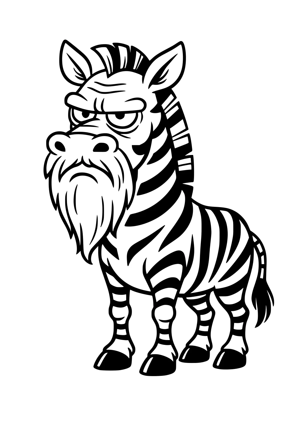 Cartoon zebra with long beard and frown, bold stripes, short legs, tufted tail, and upright ears on a plain background.