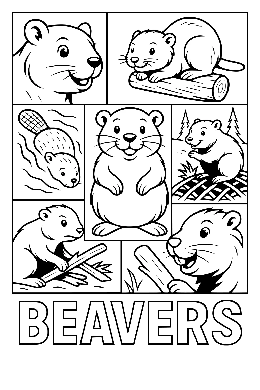 Multiple cartoon beavers swimming, chewing sticks, on logs, and standing by a dam, with BEAVERS text below.