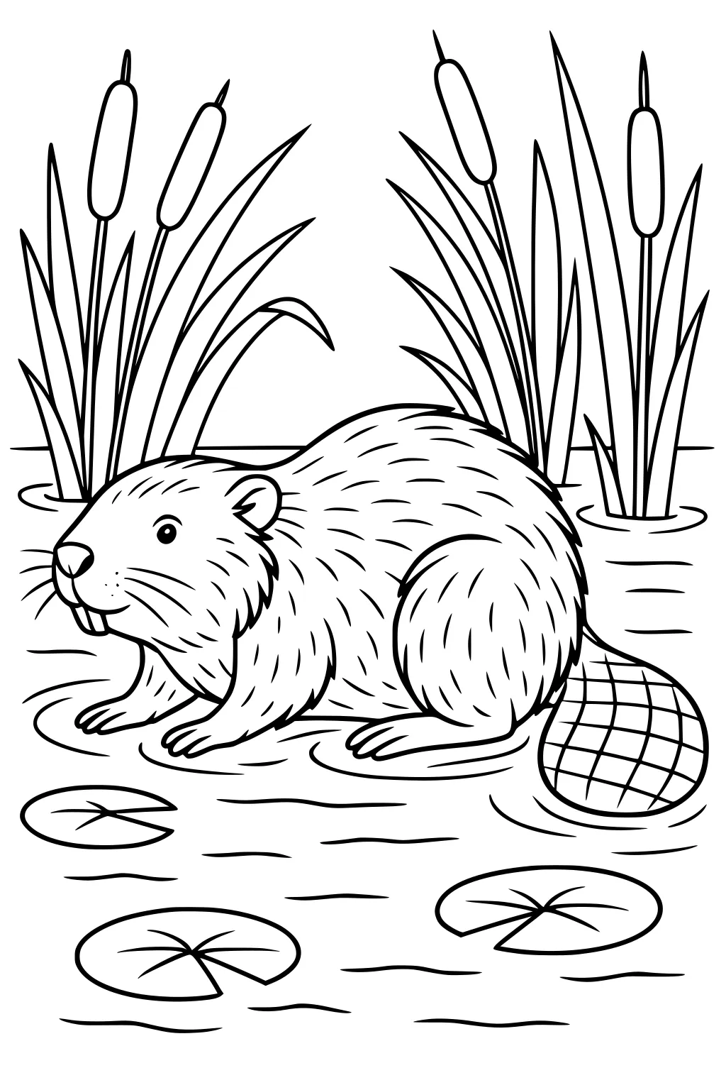 A beaver with a large tail sitting in a pond. There are cattails, lily pads, and rippling water in the background.