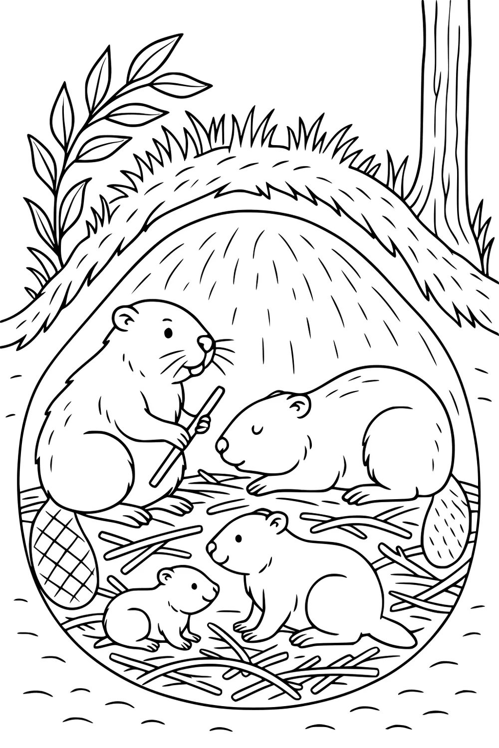 Two beavers sit inside a stick lodge by a stream, with cattails and stones in the water and leafy plants growing nearby.