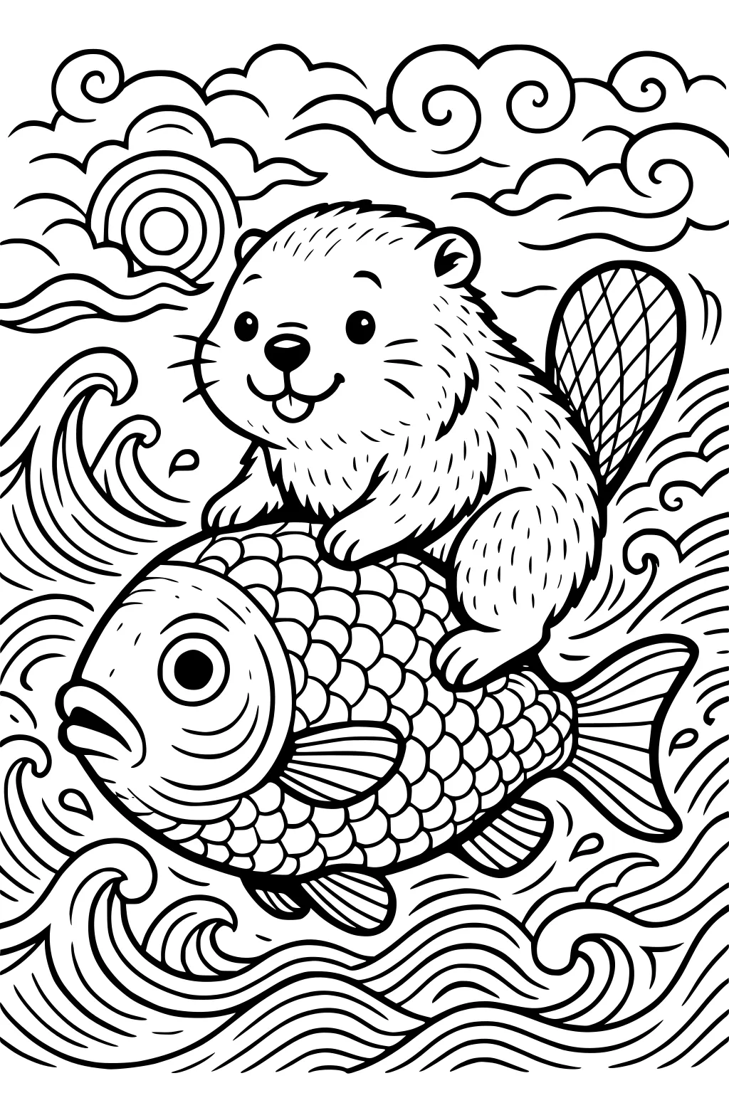 Smiling beaver rides on a big fish over ocean waves with swirly clouds and a sun in the sky.