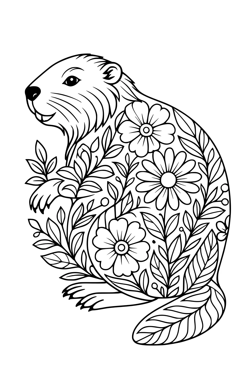 Smiling beaver sitting upright, body filled with outlined flowers and leaves.