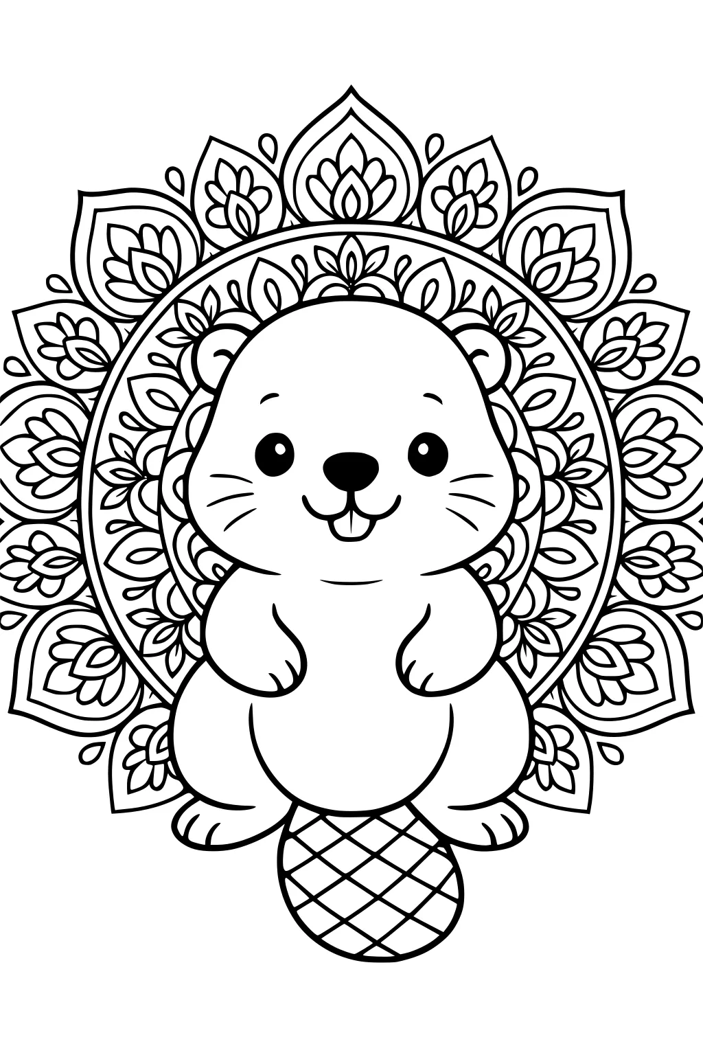 Cartoon beaver with crisscrossed tail sitting in front of a detailed floral mandala background.