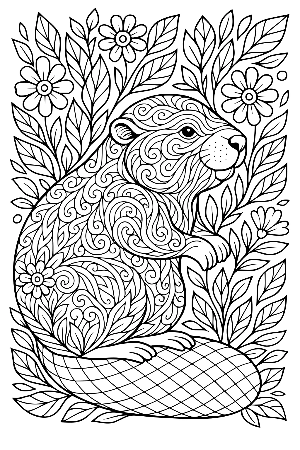 Beaver with swirling fur patterns sits among flowers and leafy branches, showing a detailed cross-hatched tail.