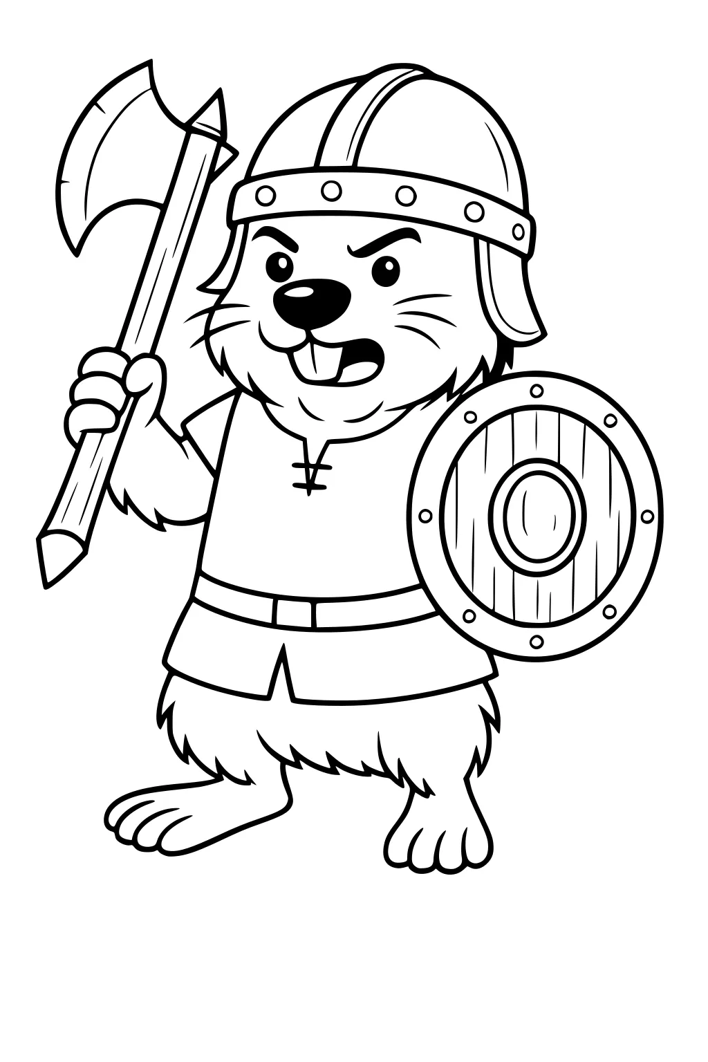 Cartoon beaver in Viking clothes holding axe and shield with helmet on.