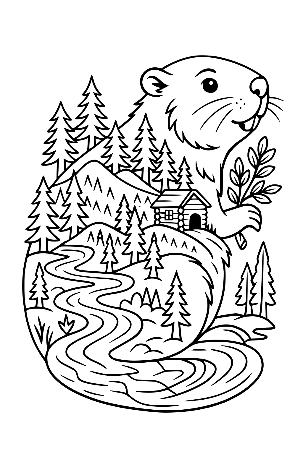 Smiling beaver with pine trees, a river, and a small log cabin across its body.