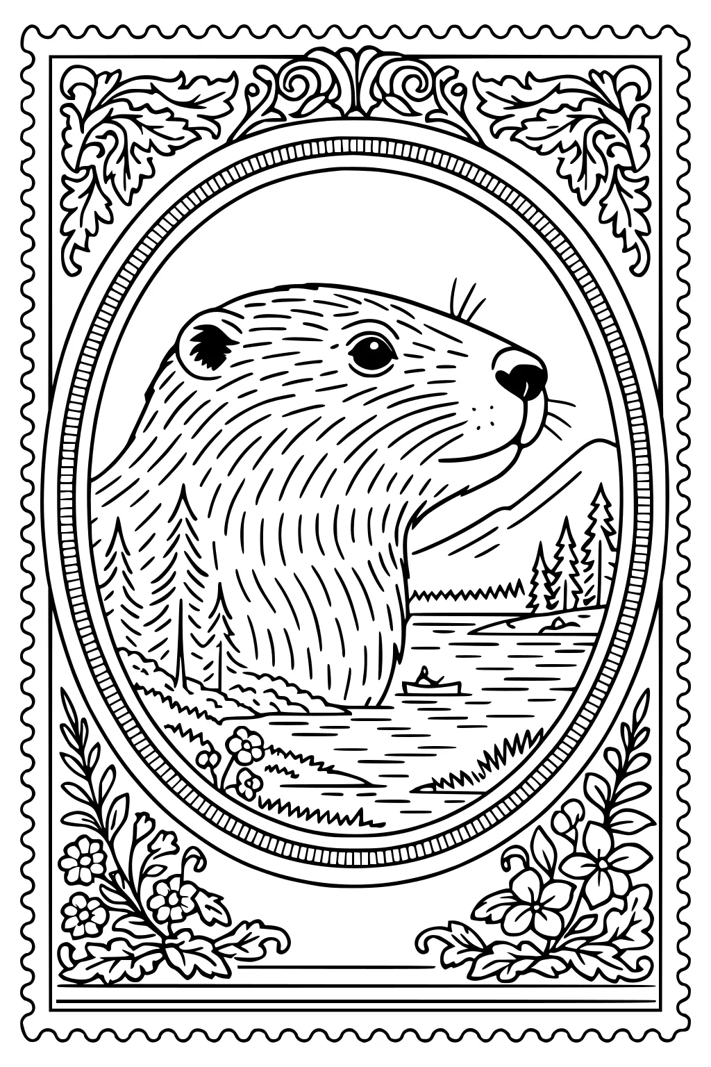 Beaver head in oval frame with scenic river, canoe, mountains, pines, and floral border details.