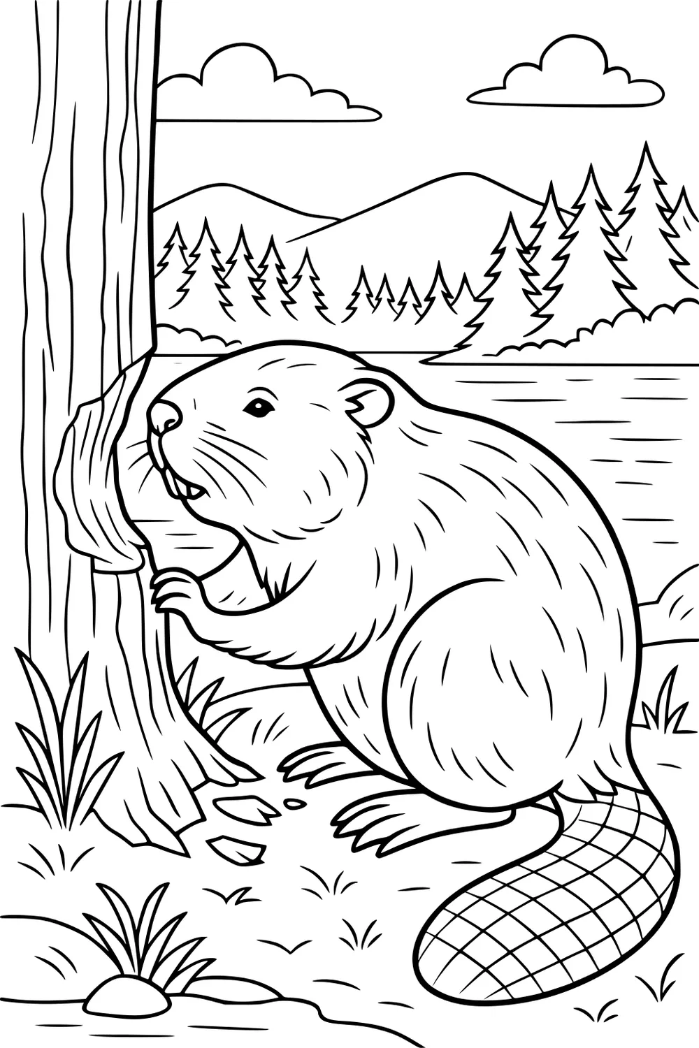 Beaver gnawing a tree by a river, with grass, rocks, pine trees, mountains, and clouds in the background.