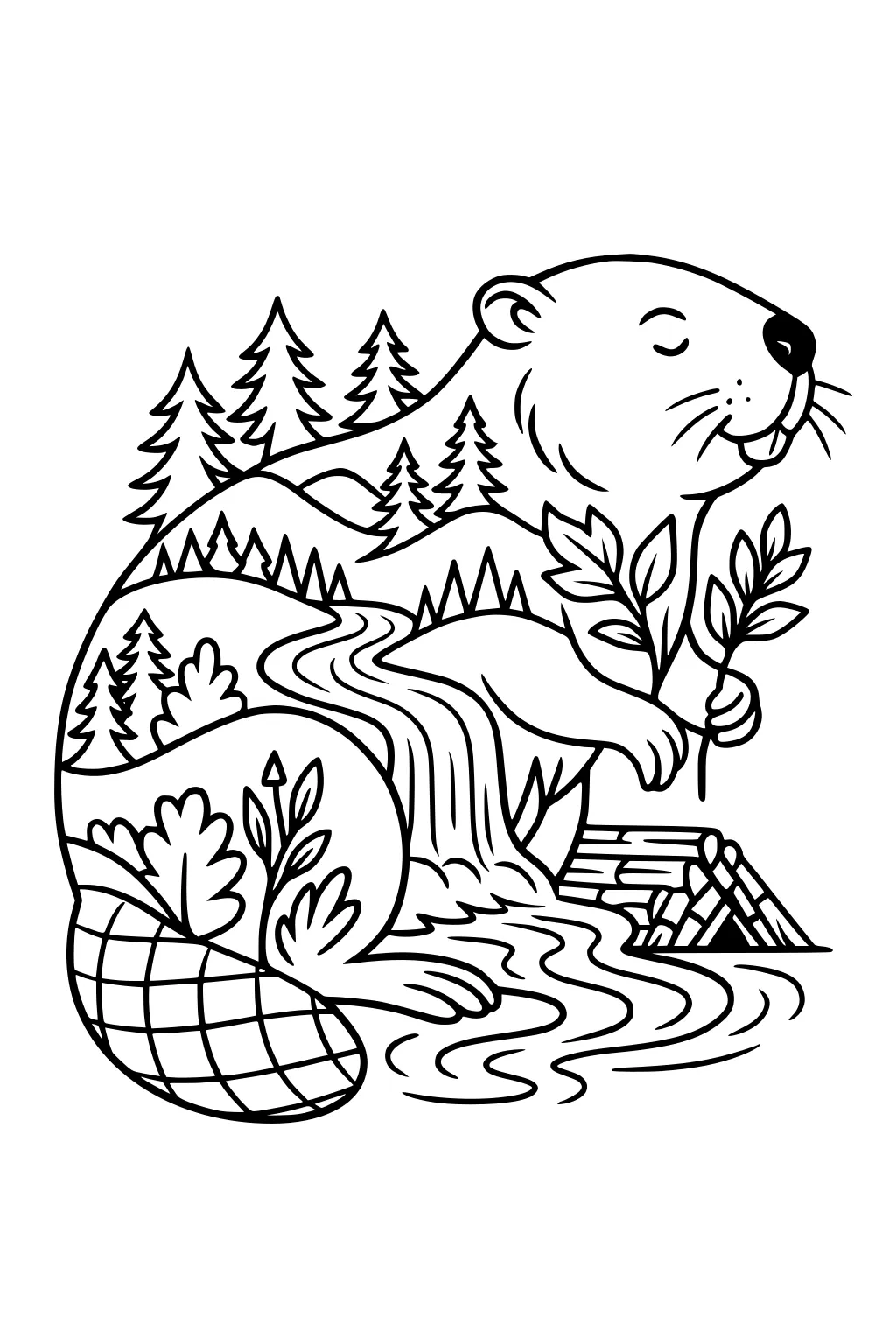 Beaver holding a branch with river, dam, trees, and leaves in and around its body.