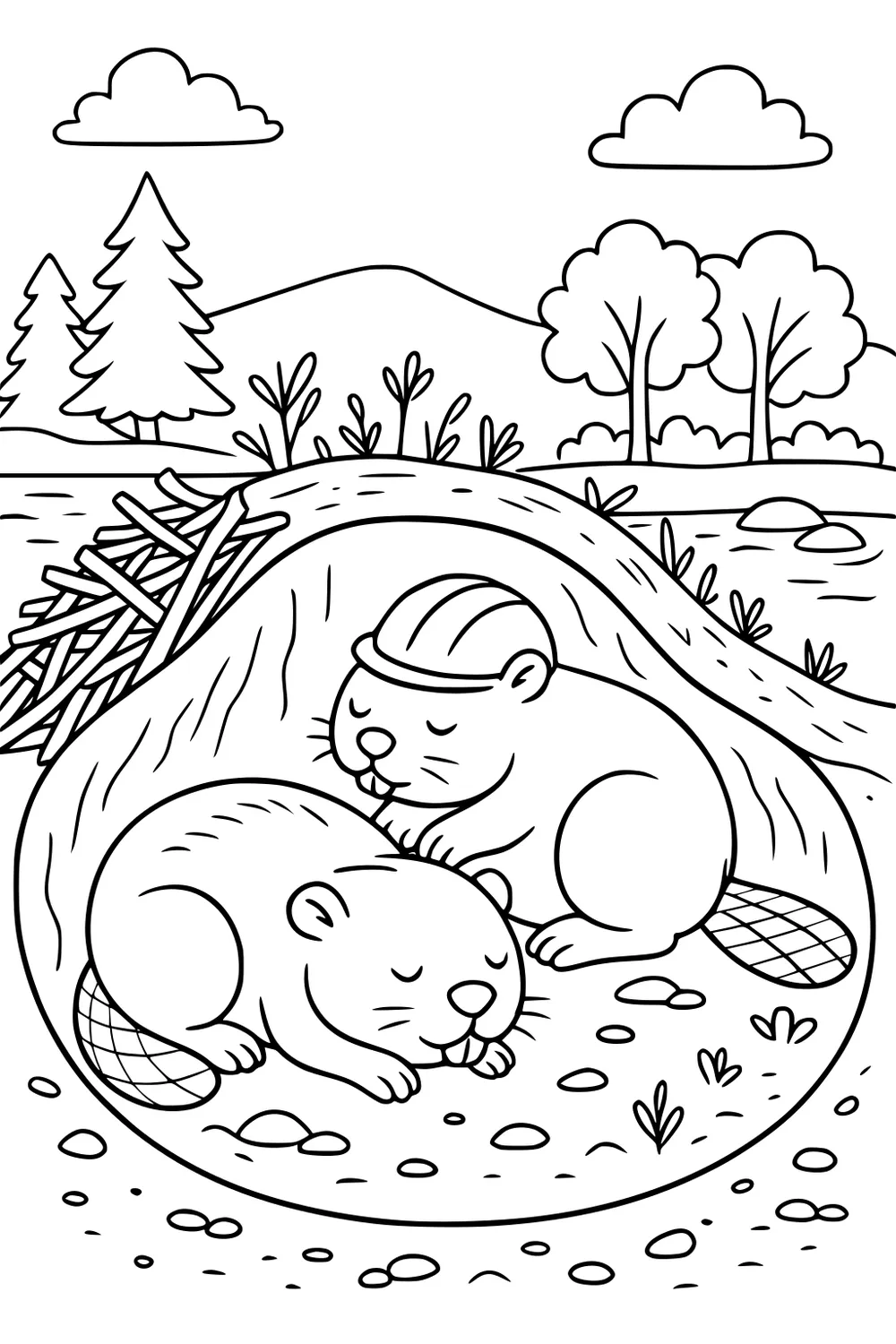 Two beavers sleeping inside a stick-built lodge near a pond, with trees, rocks, and clouds in the background.