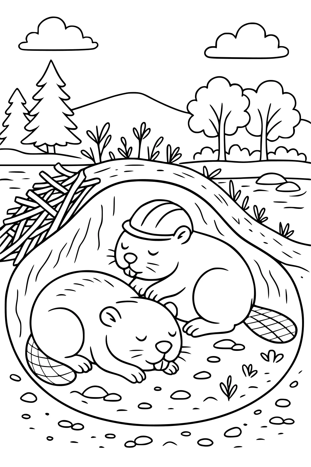 Two beavers sleeping inside a stick-built lodge near a pond, with trees, rocks, and clouds in the background.