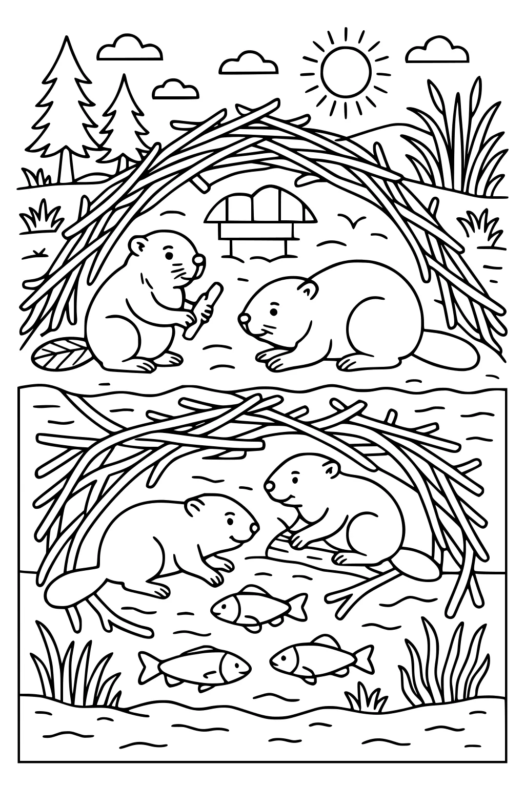 Two beavers building a stick lodge on land and swimming underwater with fish. Trees, sun, and plants surround the pond.
