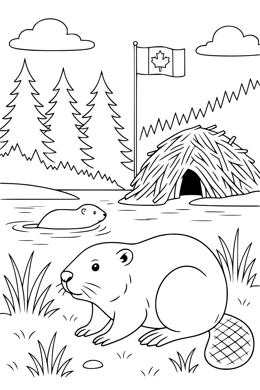 A beaver sits on grass near a pond with another beaver swimming, a lodge, pine trees, and a Canadian flag.
