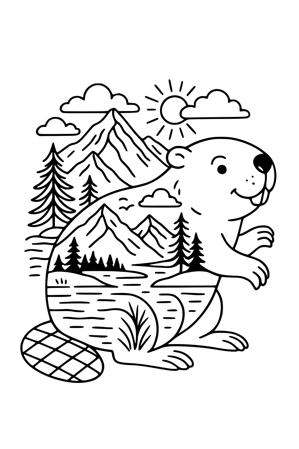 Beaver with a forest scene inside its body, featuring river, mountains, sun, clouds, and tall pine trees.