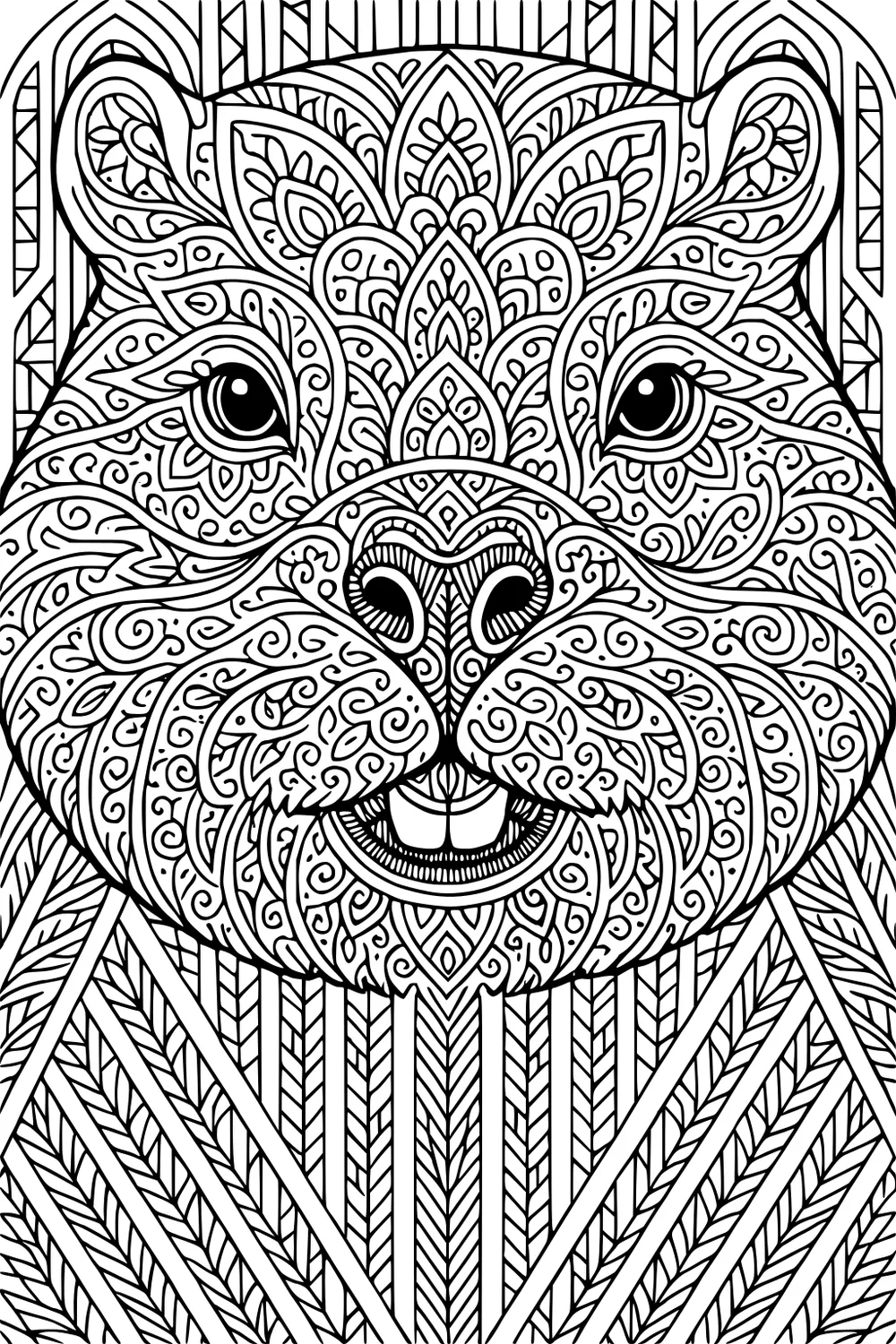 Beaver face with swirling and leafy patterns and bold lines filling the entire image.