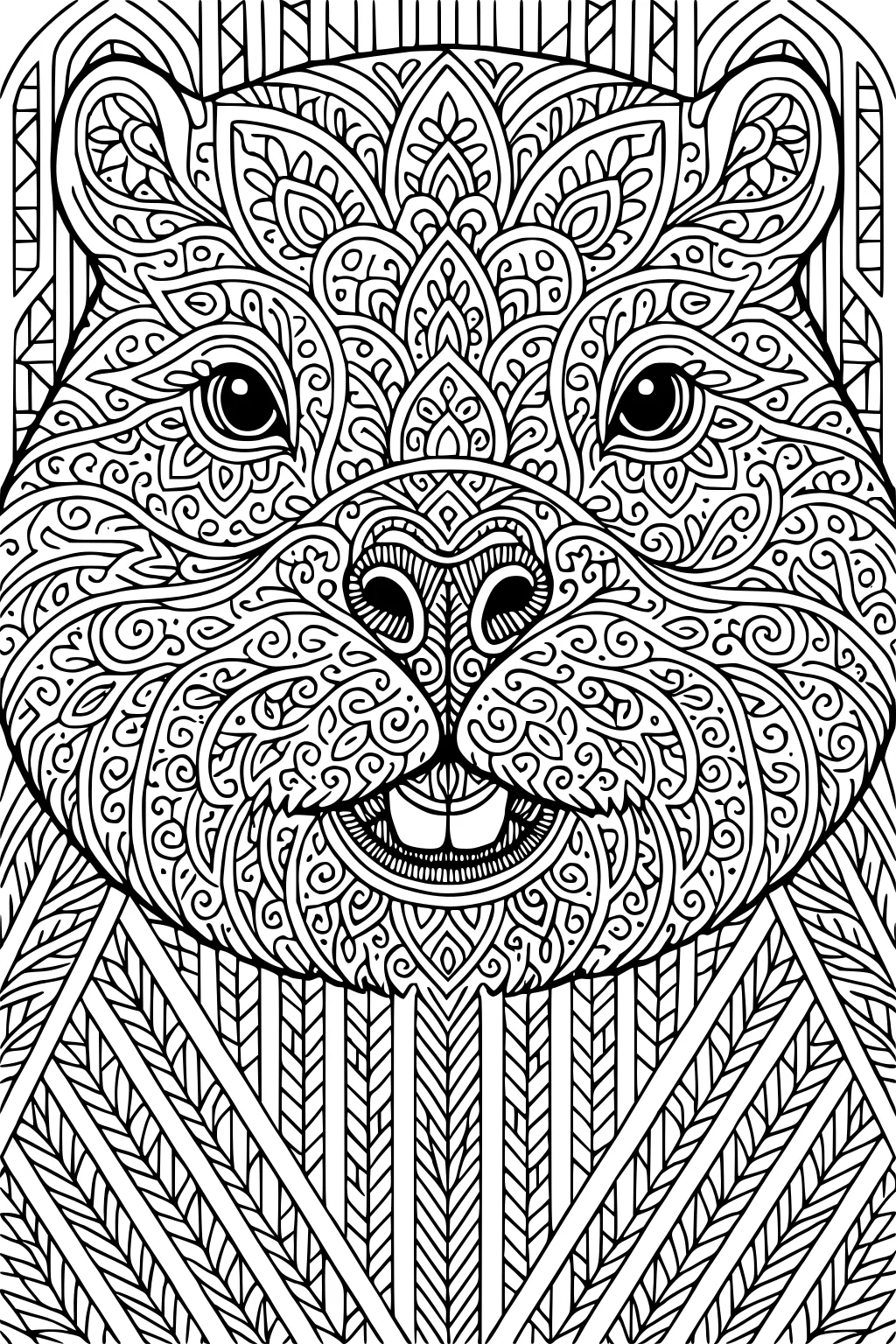 Beaver face with swirling and leafy patterns and bold lines filling the entire image.