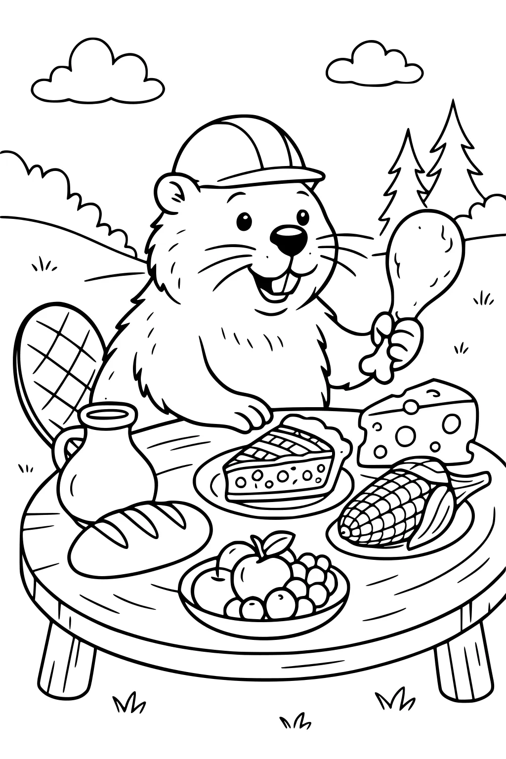 Beaver with a cap at a picnic table full of bread, pie, cheese, corn, fruit bowl, and jug in a sunny outdoor setting.