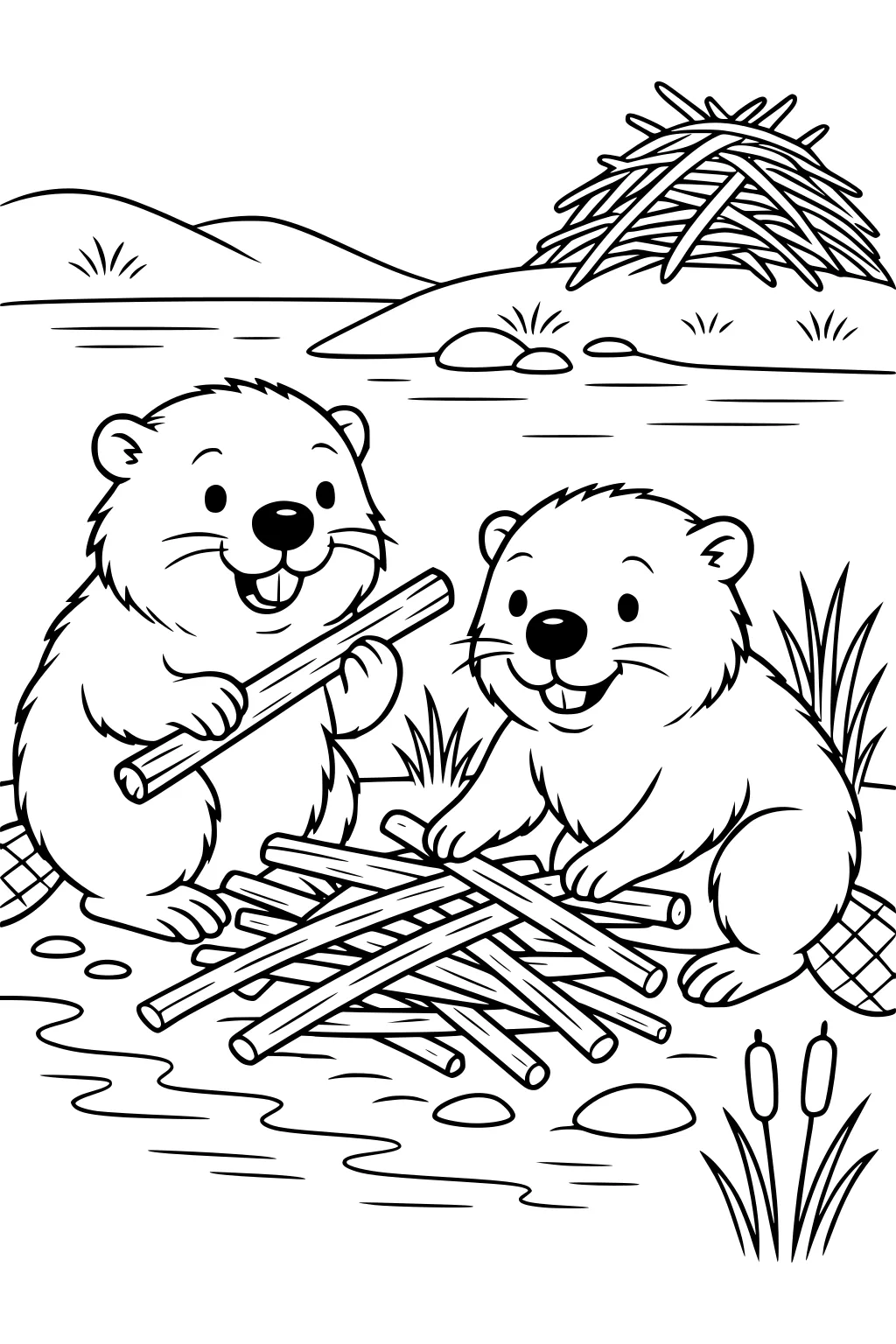 Two beavers stacking sticks near a pond. Beaver lodge, cattails, rocks, and hills in the background.